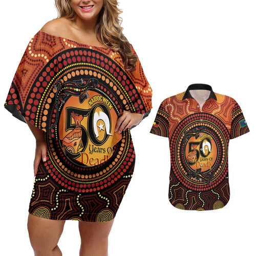 NAIDOC Week 2026 Personalised Couples Matching Off Shoulder Short Dress and Hawaiian Shirt 50 Years of Deadly Lizard Kangaroo Aboriginal Art