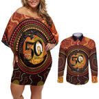 NAIDOC Week 2026 Personalised Couples Matching Off Shoulder Short Dress and Long Sleeve Button Shirt 50 Years of Deadly Lizard Kangaroo Aboriginal Art