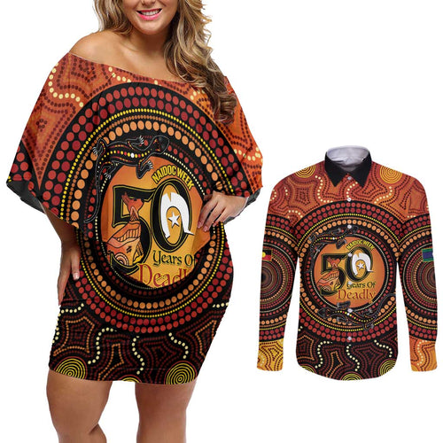 NAIDOC Week 2026 Personalised Couples Matching Off Shoulder Short Dress and Long Sleeve Button Shirt 50 Years of Deadly Lizard Kangaroo Aboriginal Art