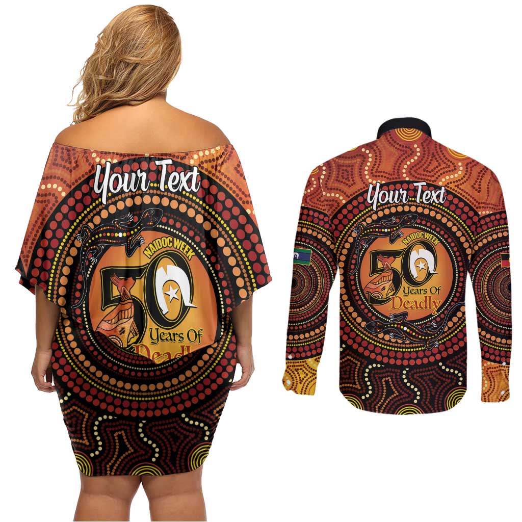 NAIDOC Week 2026 Personalised Couples Matching Off Shoulder Short Dress and Long Sleeve Button Shirt 50 Years of Deadly Lizard Kangaroo Aboriginal Art