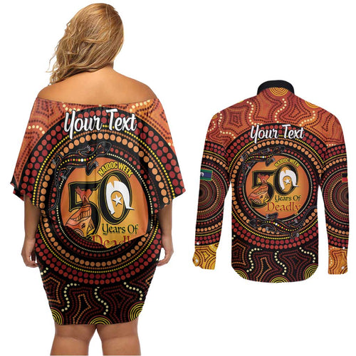 NAIDOC Week 2026 Personalised Couples Matching Off Shoulder Short Dress and Long Sleeve Button Shirt 50 Years of Deadly Lizard Kangaroo Aboriginal Art