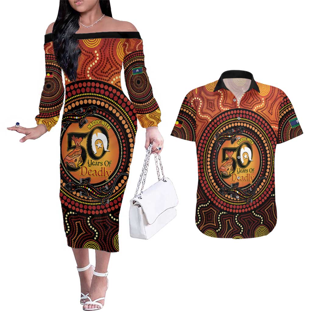 NAIDOC Week 2026 Personalised Couples Matching Off The Shoulder Long Sleeve Dress and Hawaiian Shirt 50 Years of Deadly Lizard Kangaroo Aboriginal Art