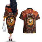 NAIDOC Week 2026 Personalised Couples Matching Off The Shoulder Long Sleeve Dress and Hawaiian Shirt 50 Years of Deadly Lizard Kangaroo Aboriginal Art