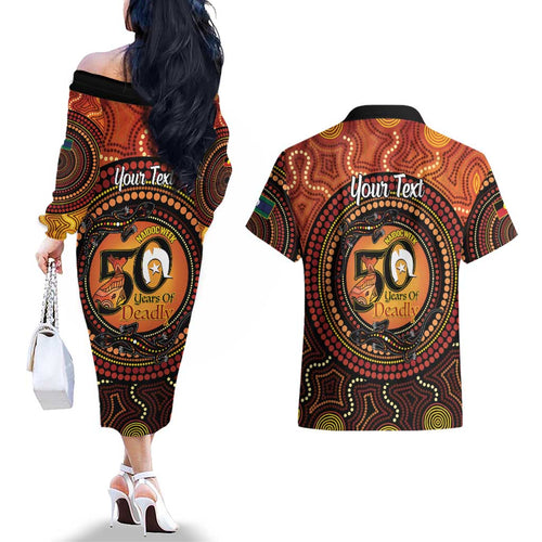 NAIDOC Week 2026 Personalised Couples Matching Off The Shoulder Long Sleeve Dress and Hawaiian Shirt 50 Years of Deadly Lizard Kangaroo Aboriginal Art