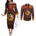 NAIDOC Week 2026 Personalised Couples Matching Off The Shoulder Long Sleeve Dress and Long Sleeve Button Shirt 50 Years of Deadly Lizard Kangaroo Aboriginal Art