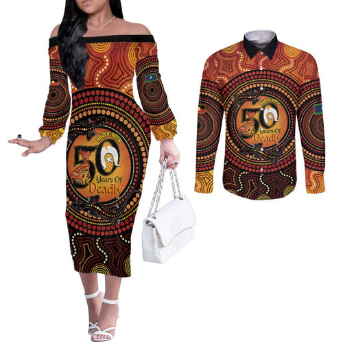 NAIDOC Week 2026 Personalised Couples Matching Off The Shoulder Long Sleeve Dress and Long Sleeve Button Shirt 50 Years of Deadly Lizard Kangaroo Aboriginal Art
