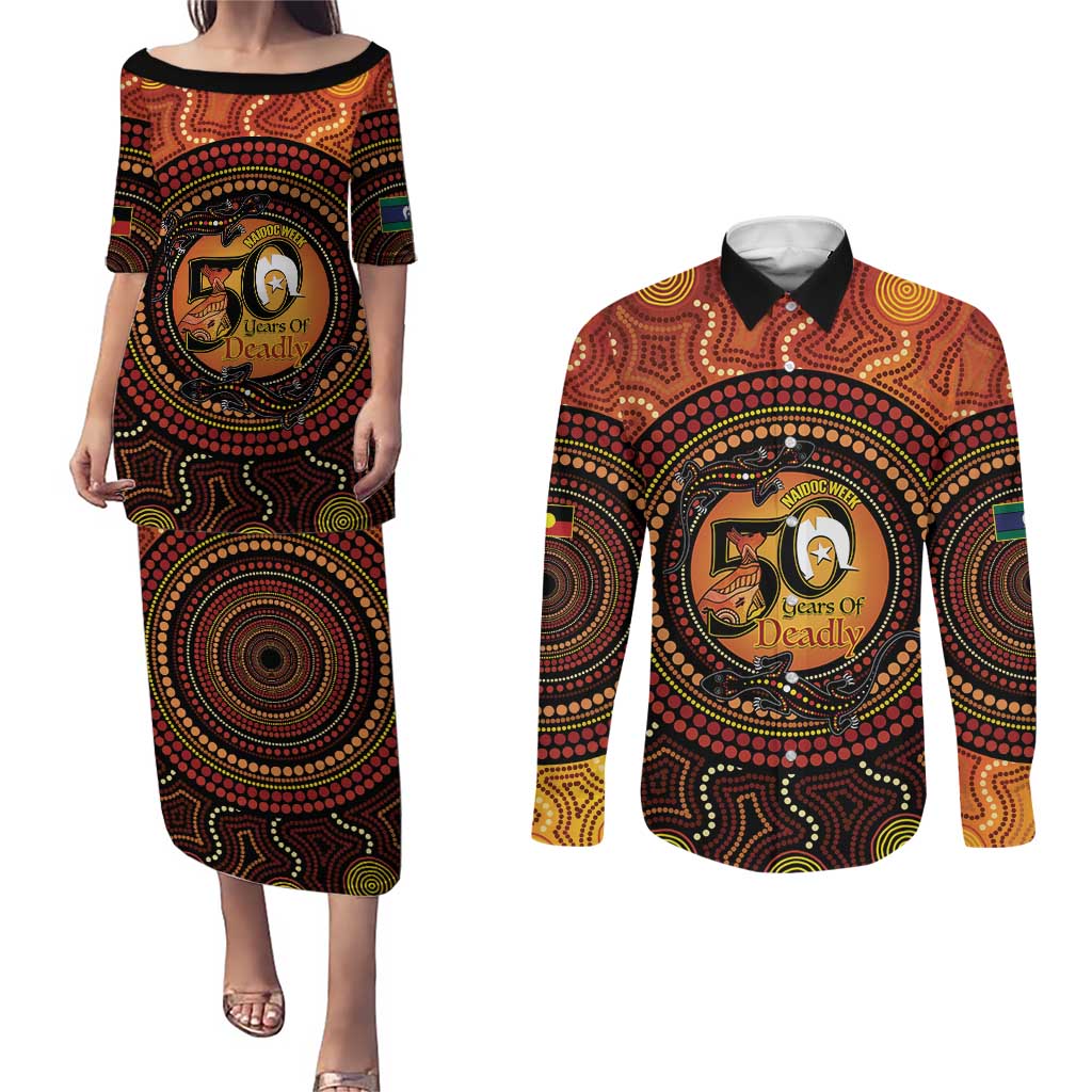 NAIDOC Week 2026 Personalised Couples Matching Puletasi and Long Sleeve Button Shirt 50 Years of Deadly Lizard Kangaroo Aboriginal Art