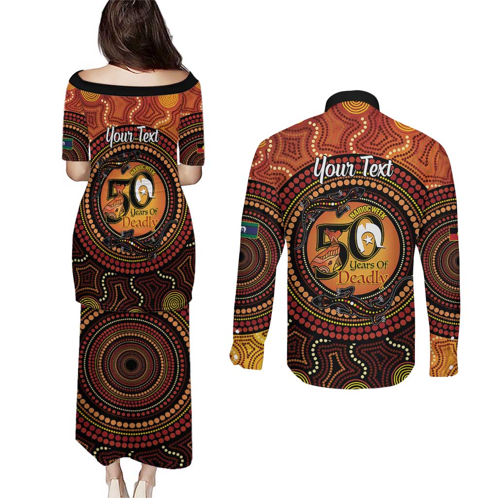 NAIDOC Week 2026 Personalised Couples Matching Puletasi and Long Sleeve Button Shirt 50 Years of Deadly Lizard Kangaroo Aboriginal Art