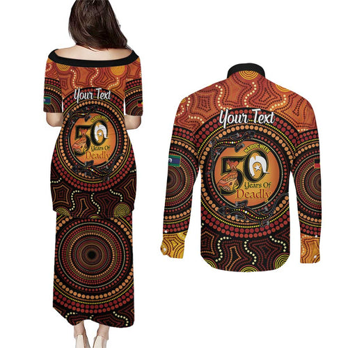NAIDOC Week 2026 Personalised Couples Matching Puletasi and Long Sleeve Button Shirt 50 Years of Deadly Lizard Kangaroo Aboriginal Art