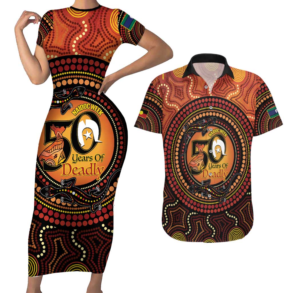 NAIDOC Week 2026 Personalised Couples Matching Short Sleeve Bodycon Dress and Hawaiian Shirt 50 Years of Deadly Lizard Kangaroo Aboriginal Art
