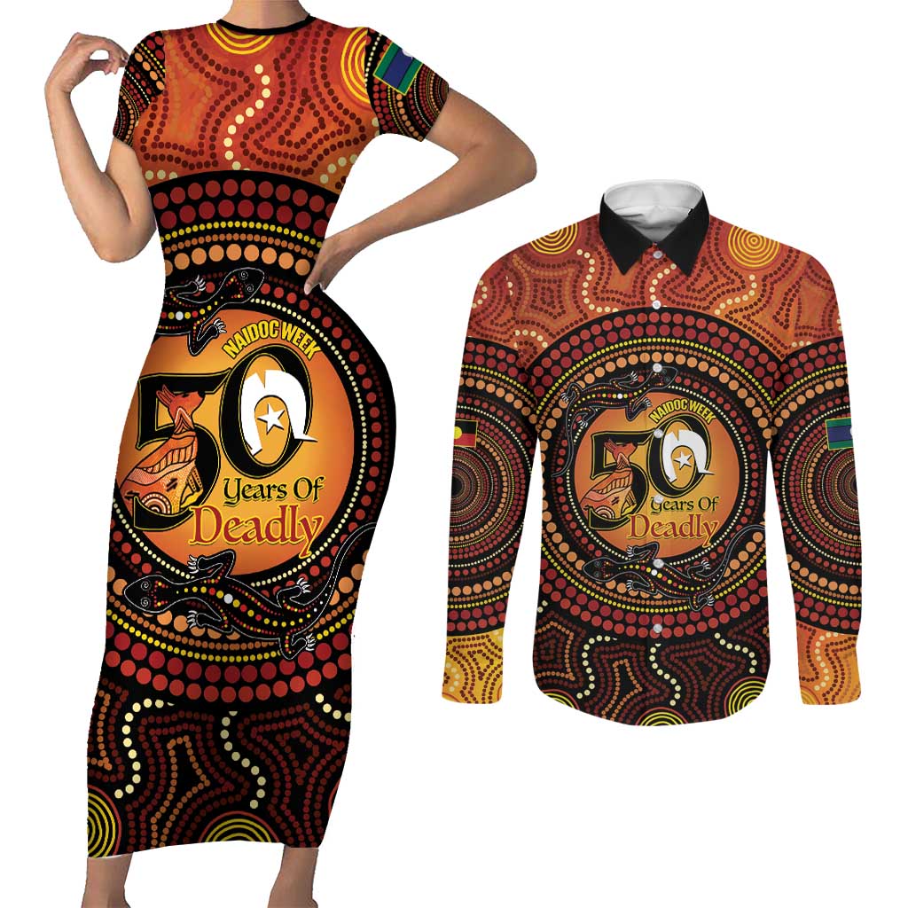 NAIDOC Week 2026 Personalised Couples Matching Short Sleeve Bodycon Dress and Long Sleeve Button Shirt 50 Years of Deadly Lizard Kangaroo Aboriginal Art