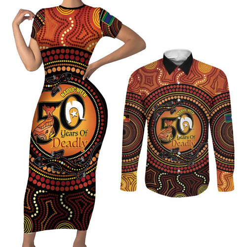 NAIDOC Week 2026 Personalised Couples Matching Short Sleeve Bodycon Dress and Long Sleeve Button Shirt 50 Years of Deadly Lizard Kangaroo Aboriginal Art
