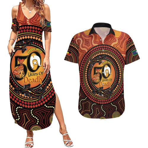 NAIDOC Week 2026 Personalised Couples Matching Summer Maxi Dress and Hawaiian Shirt 50 Years of Deadly Lizard Kangaroo Aboriginal Art