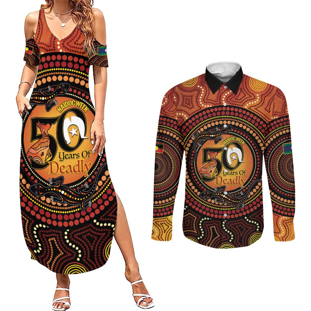 NAIDOC Week 2026 Personalised Couples Matching Summer Maxi Dress and Long Sleeve Button Shirt 50 Years of Deadly Lizard Kangaroo Aboriginal Art