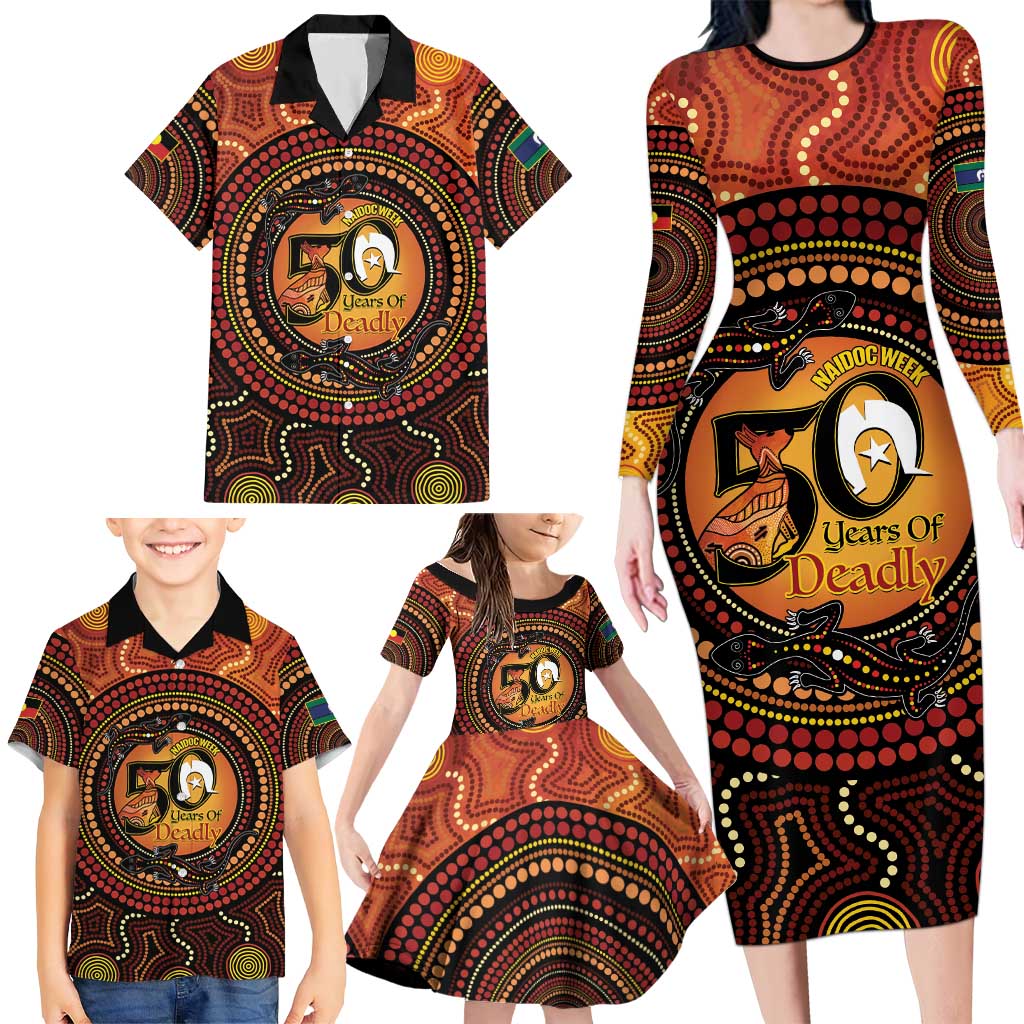 NAIDOC Week 2026 Personalised Family Matching Long Sleeve Bodycon Dress and Hawaiian Shirt 50 Years of Deadly Lizard Kangaroo Aboriginal Art