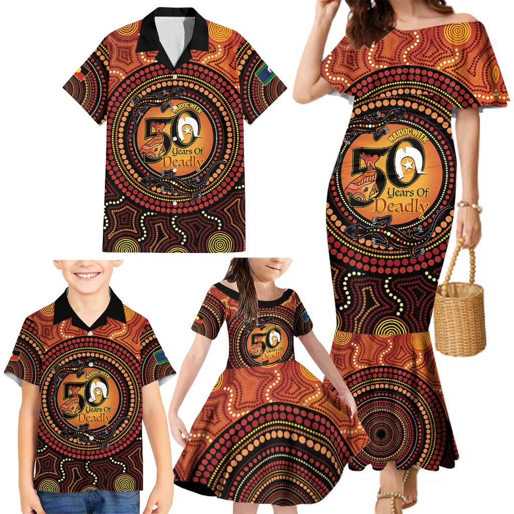 NAIDOC Week 2026 Personalised Family Matching Mermaid Dress and Hawaiian Shirt 50 Years of Deadly Lizard Kangaroo Aboriginal Art