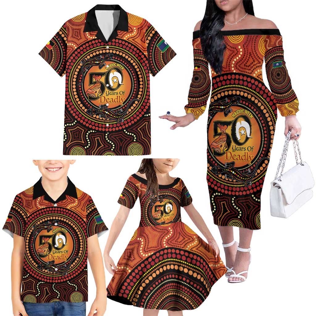 NAIDOC Week 2026 Personalised Family Matching Off The Shoulder Long Sleeve Dress and Hawaiian Shirt 50 Years of Deadly Lizard Kangaroo Aboriginal Art