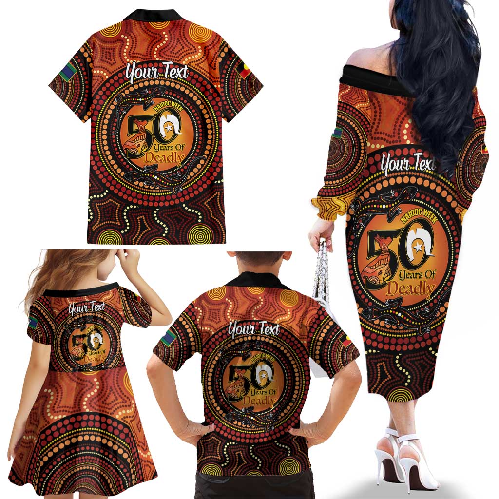 NAIDOC Week 2026 Personalised Family Matching Off The Shoulder Long Sleeve Dress and Hawaiian Shirt 50 Years of Deadly Lizard Kangaroo Aboriginal Art