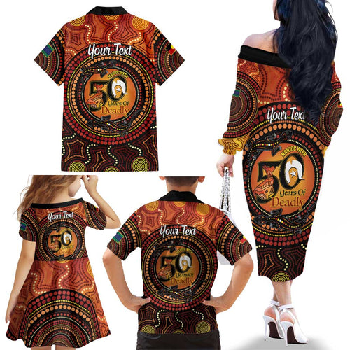 NAIDOC Week 2026 Personalised Family Matching Off The Shoulder Long Sleeve Dress and Hawaiian Shirt 50 Years of Deadly Lizard Kangaroo Aboriginal Art