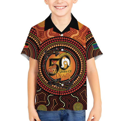 NAIDOC Week 2026 Personalised Family Matching Off The Shoulder Long Sleeve Dress and Hawaiian Shirt 50 Years of Deadly Lizard Kangaroo Aboriginal Art
