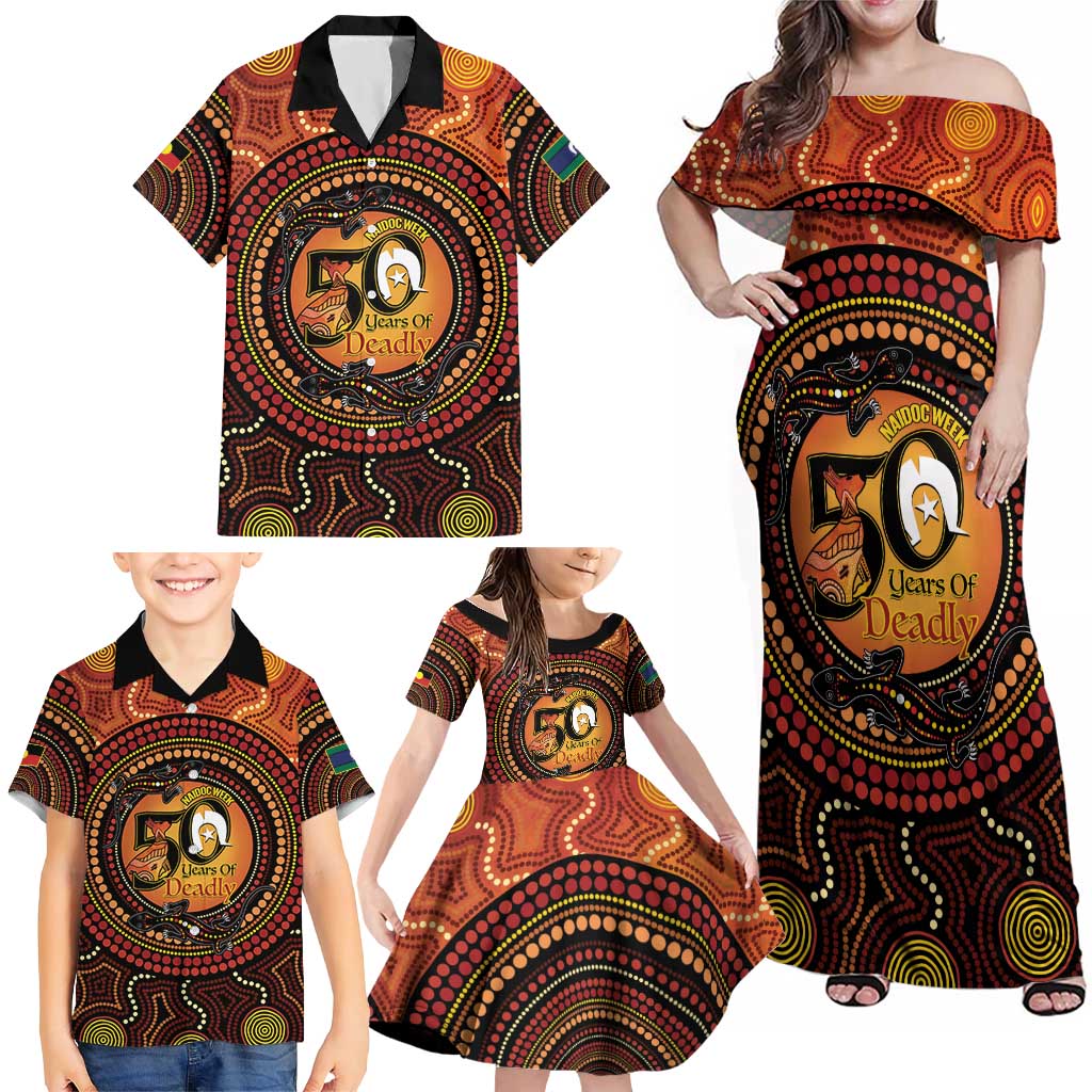 NAIDOC Week 2026 Personalised Family Matching Off Shoulder Maxi Dress and Hawaiian Shirt 50 Years of Deadly Lizard Kangaroo Aboriginal Art