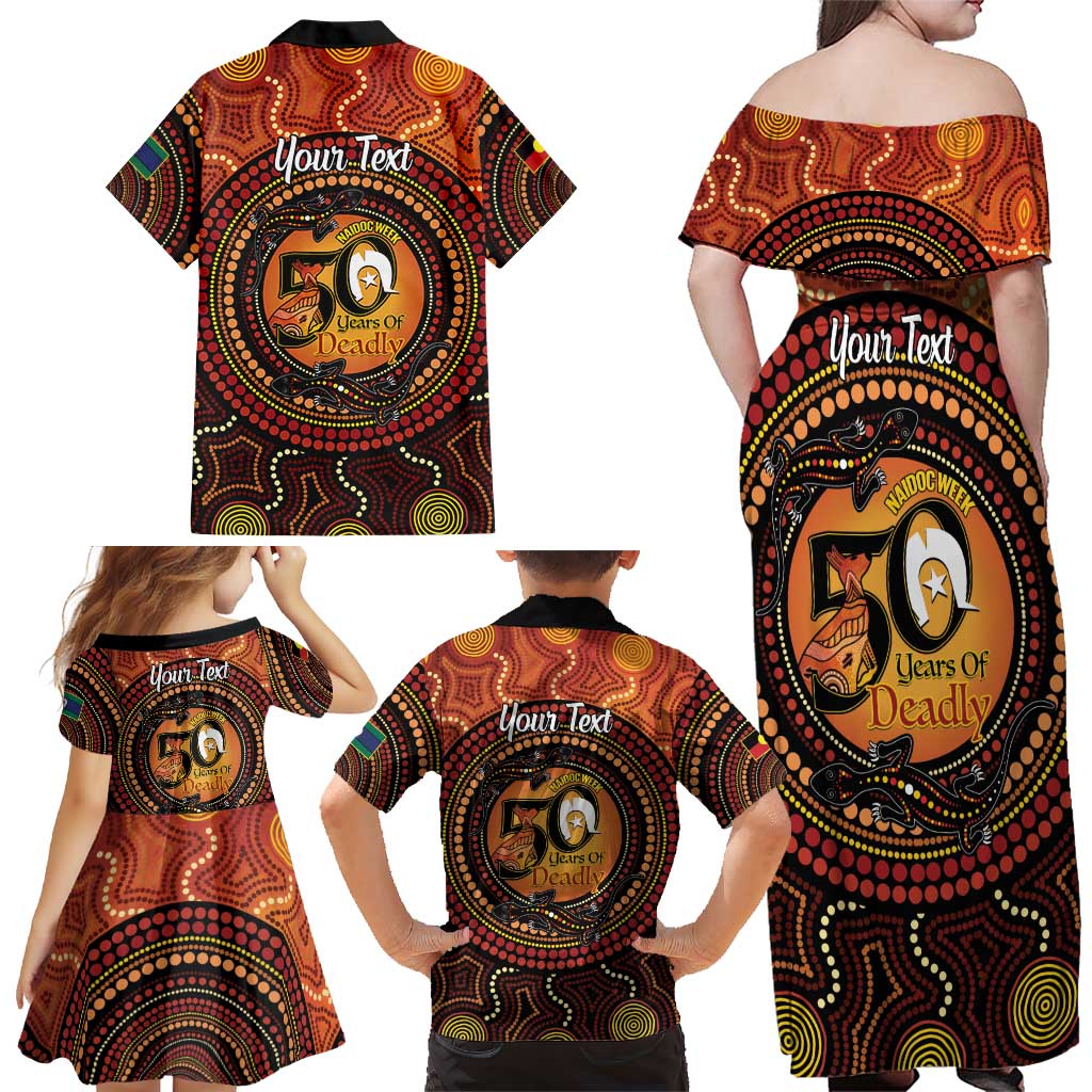 NAIDOC Week 2026 Personalised Family Matching Off Shoulder Maxi Dress and Hawaiian Shirt 50 Years of Deadly Lizard Kangaroo Aboriginal Art
