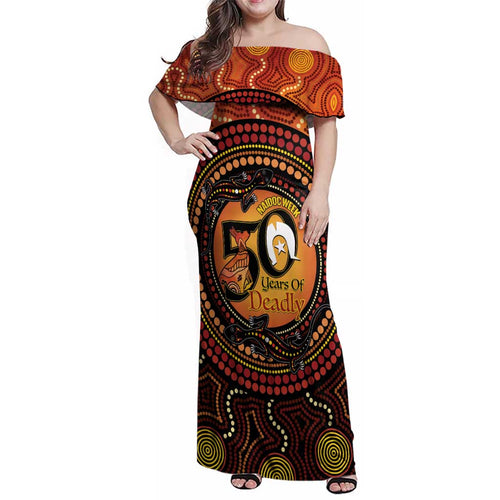 NAIDOC Week 2026 Personalised Family Matching Off Shoulder Maxi Dress and Hawaiian Shirt 50 Years of Deadly Lizard Kangaroo Aboriginal Art