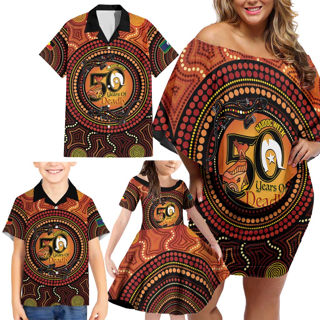 NAIDOC Week 2026 Personalised Family Matching Off Shoulder Short Dress and Hawaiian Shirt 50 Years of Deadly Lizard Kangaroo Aboriginal Art