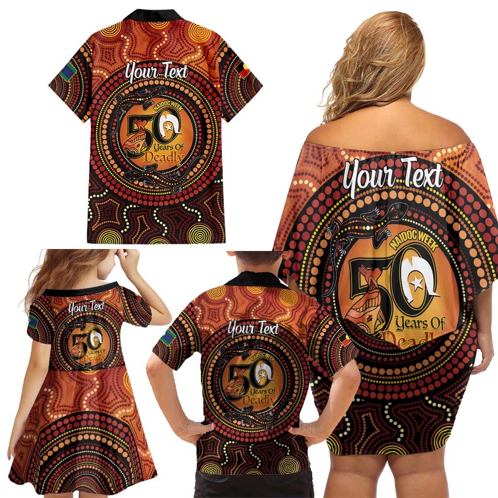 NAIDOC Week 2026 Personalised Family Matching Off Shoulder Short Dress and Hawaiian Shirt 50 Years of Deadly Lizard Kangaroo Aboriginal Art