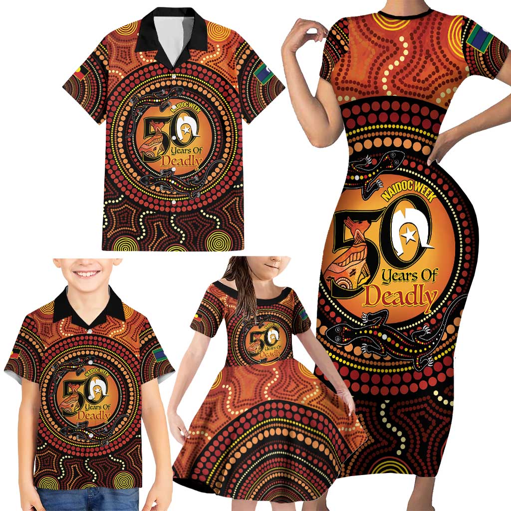 NAIDOC Week 2026 Personalised Family Matching Short Sleeve Bodycon Dress and Hawaiian Shirt 50 Years of Deadly Lizard Kangaroo Aboriginal Art