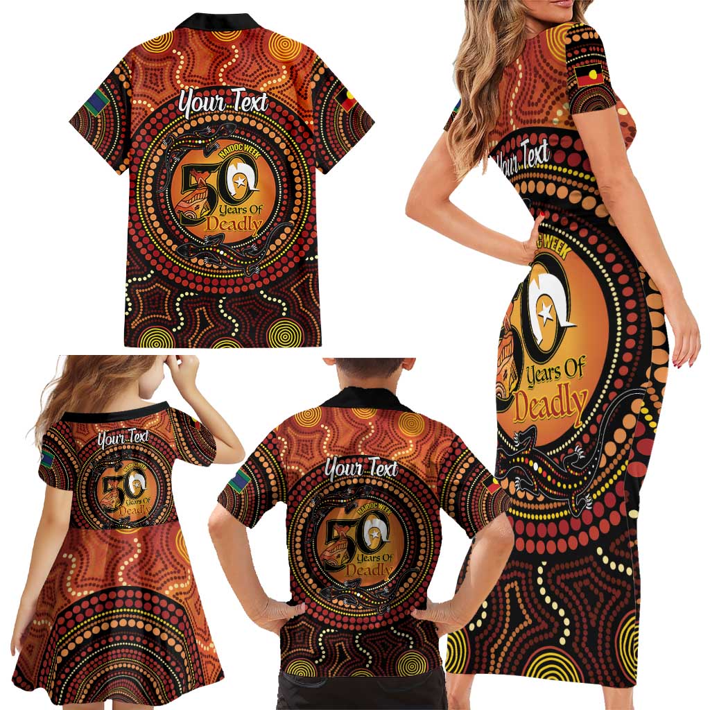 NAIDOC Week 2026 Personalised Family Matching Short Sleeve Bodycon Dress and Hawaiian Shirt 50 Years of Deadly Lizard Kangaroo Aboriginal Art