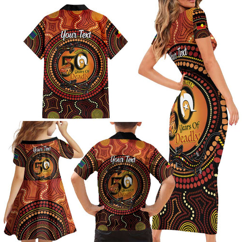 NAIDOC Week 2026 Personalised Family Matching Short Sleeve Bodycon Dress and Hawaiian Shirt 50 Years of Deadly Lizard Kangaroo Aboriginal Art