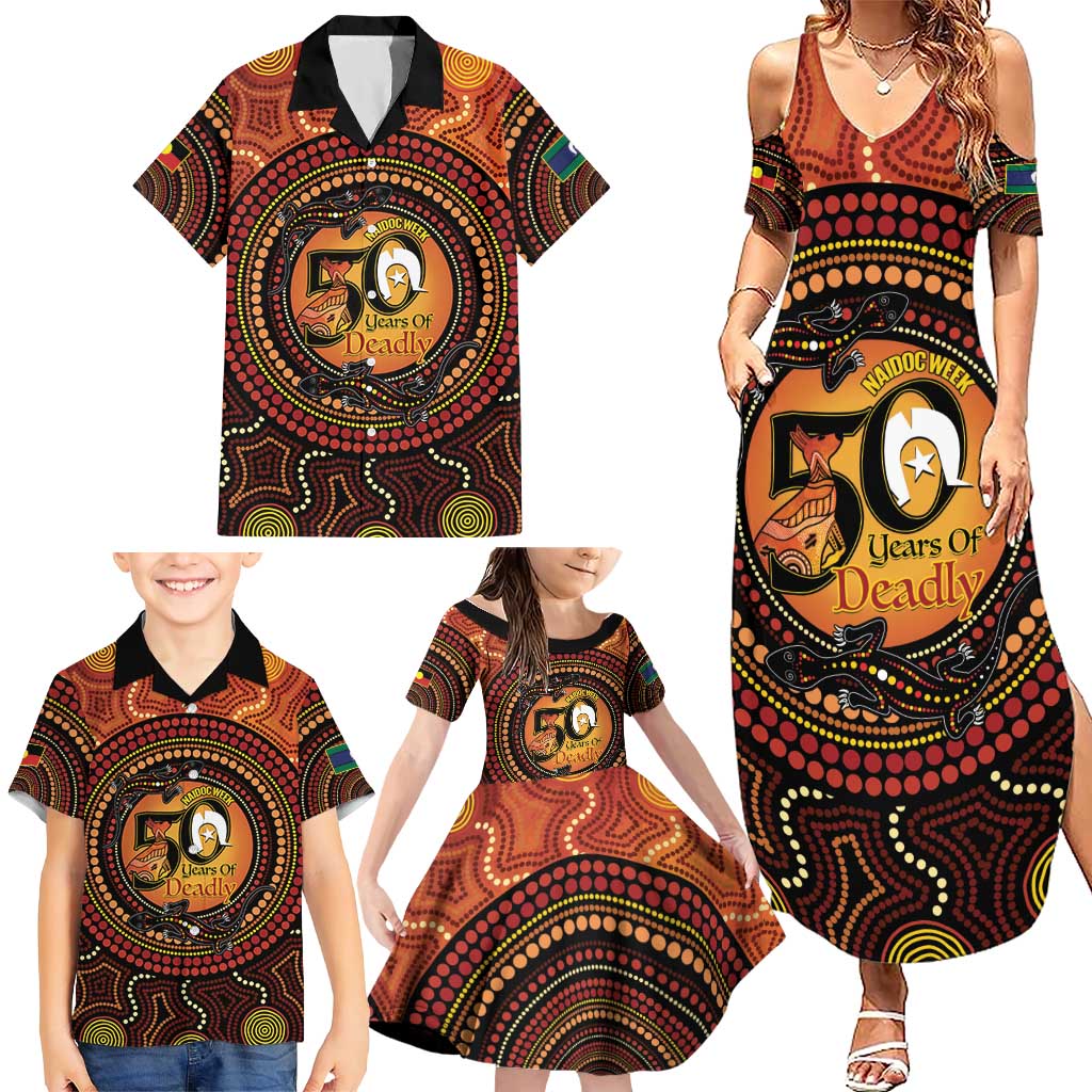 NAIDOC Week 2026 Personalised Family Matching Summer Maxi Dress and Hawaiian Shirt 50 Years of Deadly Lizard Kangaroo Aboriginal Art