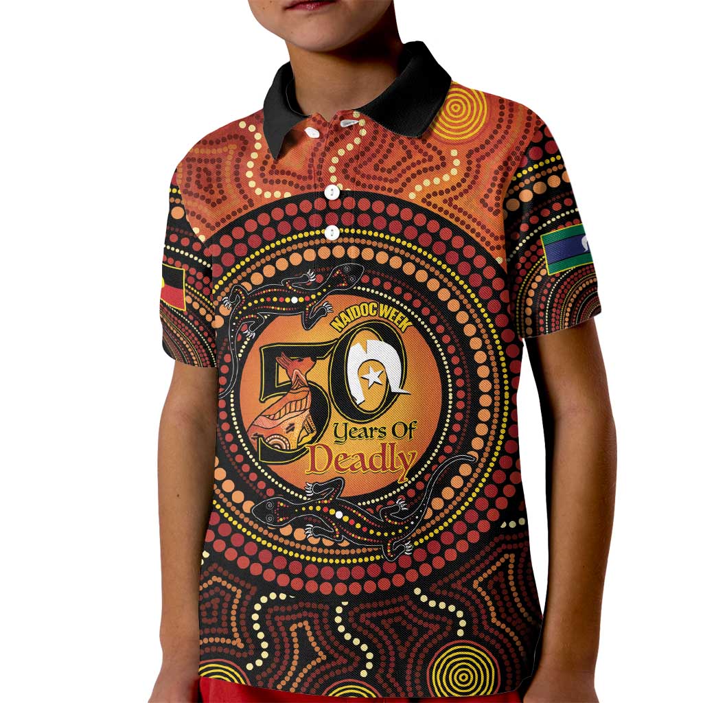 NAIDOC Week 2026 Personalised Kid Polo Shirt 50 Years of Deadly Lizard Kangaroo Aboriginal Art