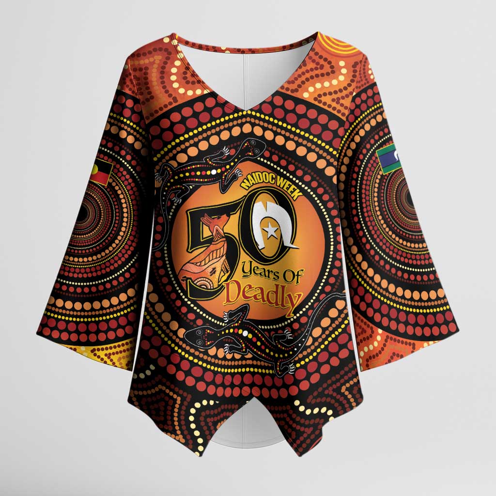 NAIDOC Week 2026 Personalised Kimono Sleeve Blouse 50 Years of Deadly Lizard Kangaroo Aboriginal Art