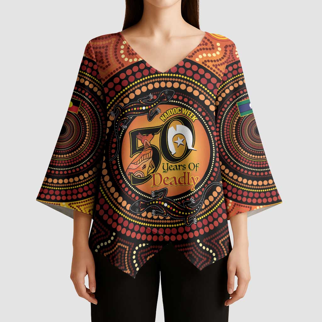 NAIDOC Week 2026 Personalised Kimono Sleeve Blouse 50 Years of Deadly Lizard Kangaroo Aboriginal Art