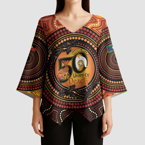 NAIDOC Week 2026 Personalised Kimono Sleeve Blouse 50 Years of Deadly Lizard Kangaroo Aboriginal Art