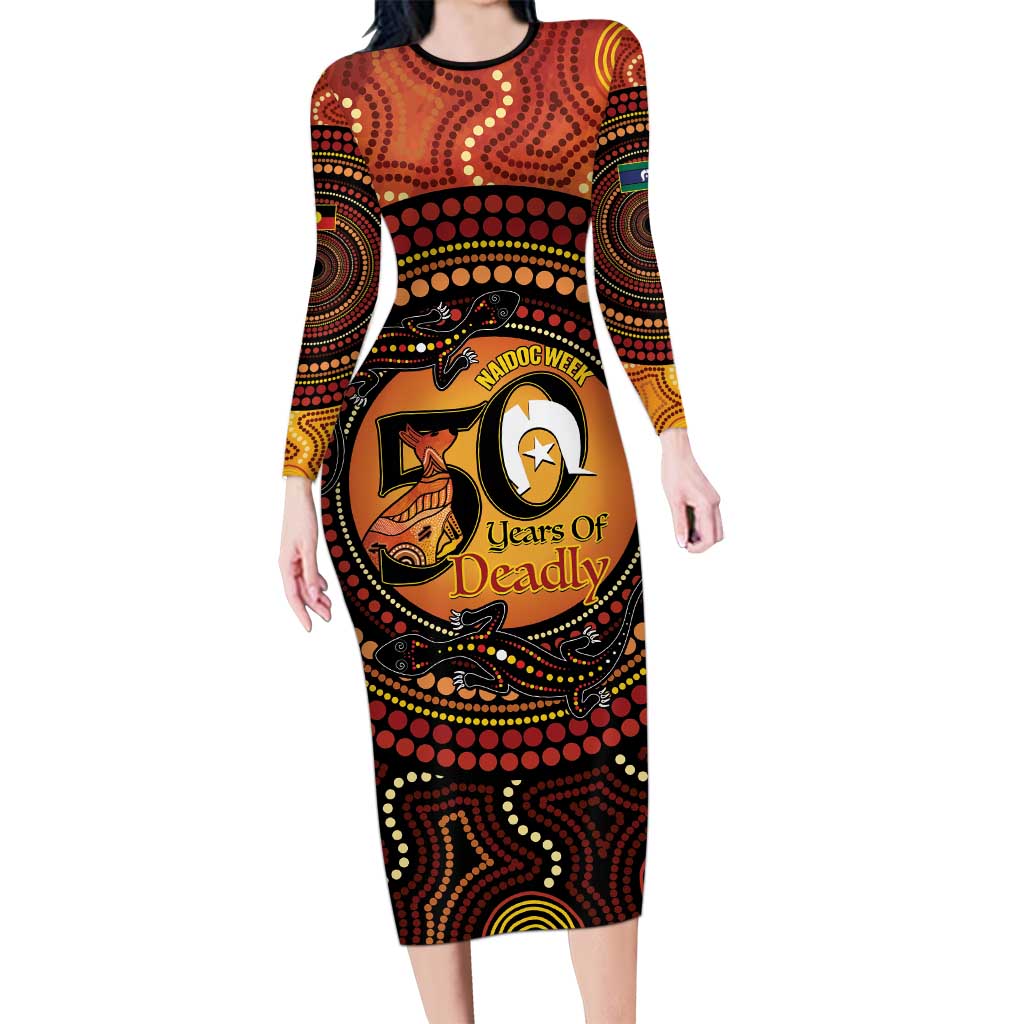 NAIDOC Week 2026 Personalised Long Sleeve Bodycon Dress 50 Years of Deadly Lizard Kangaroo Aboriginal Art