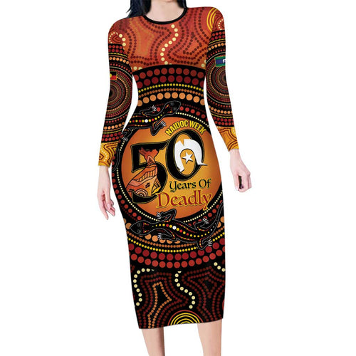 NAIDOC Week 2026 Personalised Long Sleeve Bodycon Dress 50 Years of Deadly Lizard Kangaroo Aboriginal Art