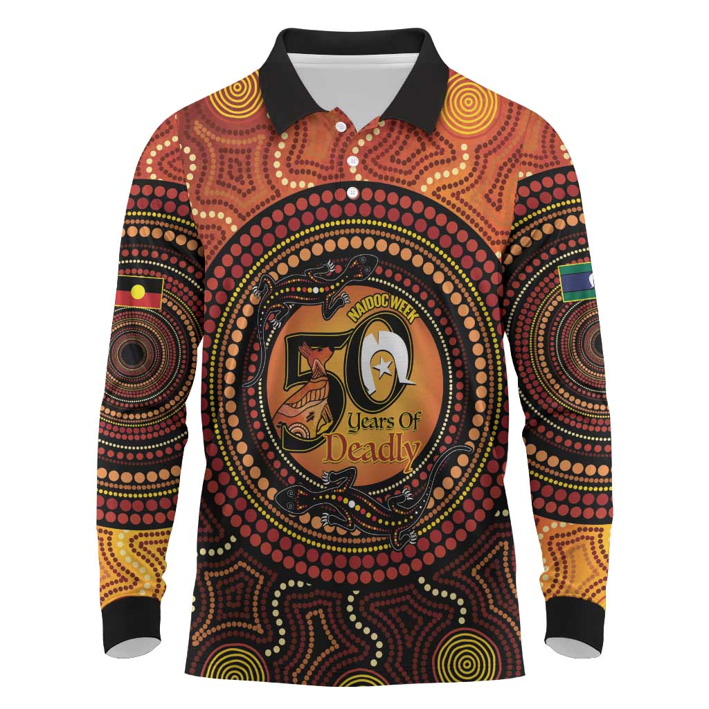 NAIDOC Week 2026 Personalised Long Sleeve Polo Shirt 50 Years of Deadly Lizard Kangaroo Aboriginal Art