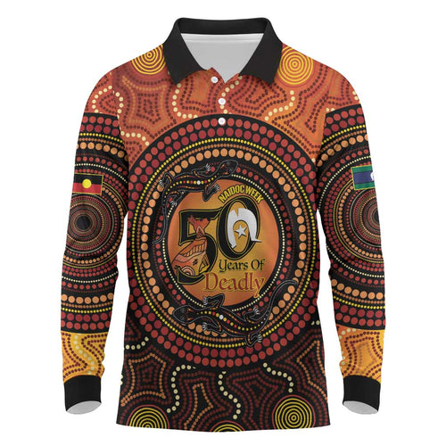NAIDOC Week 2026 Personalised Long Sleeve Polo Shirt 50 Years of Deadly Lizard Kangaroo Aboriginal Art