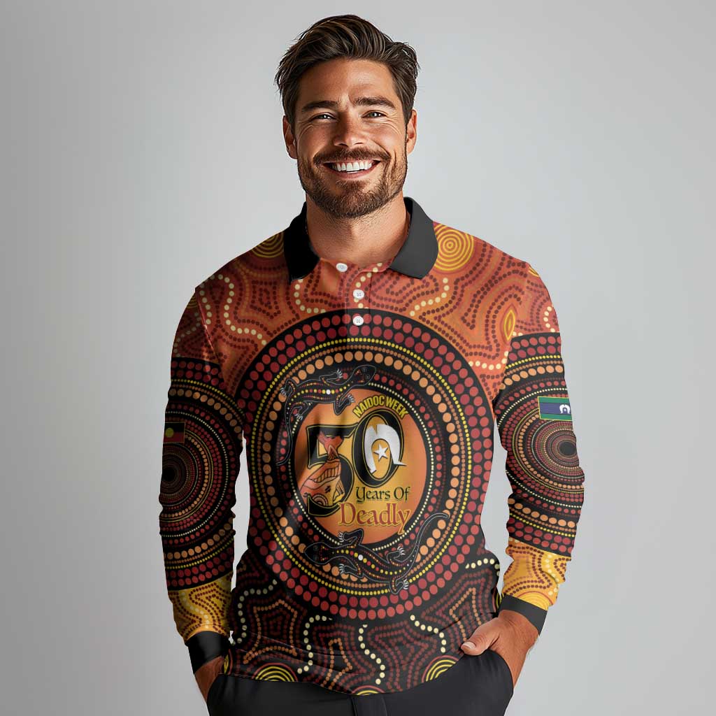 NAIDOC Week 2026 Personalised Long Sleeve Polo Shirt 50 Years of Deadly Lizard Kangaroo Aboriginal Art