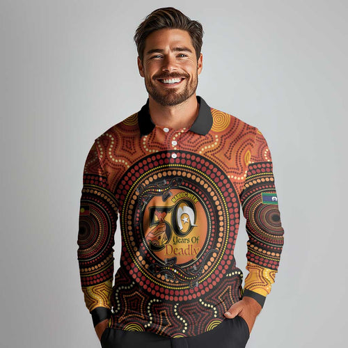 NAIDOC Week 2026 Personalised Long Sleeve Polo Shirt 50 Years of Deadly Lizard Kangaroo Aboriginal Art
