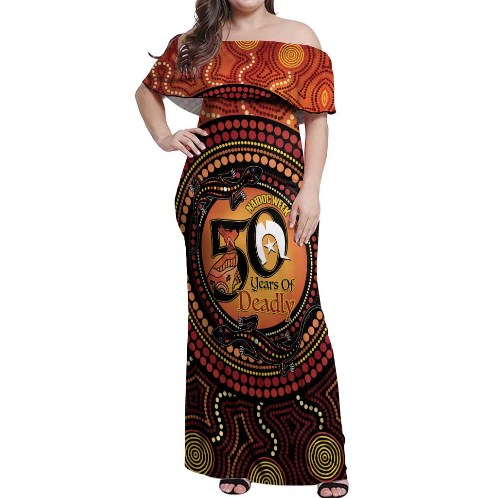 NAIDOC Week 2026 Personalised Off Shoulder Maxi Dress 50 Years of Deadly Lizard Kangaroo Aboriginal Art