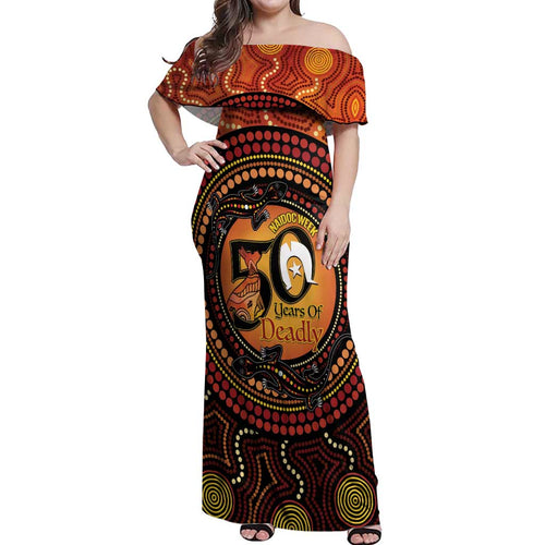 NAIDOC Week 2026 Personalised Off Shoulder Maxi Dress 50 Years of Deadly Lizard Kangaroo Aboriginal Art