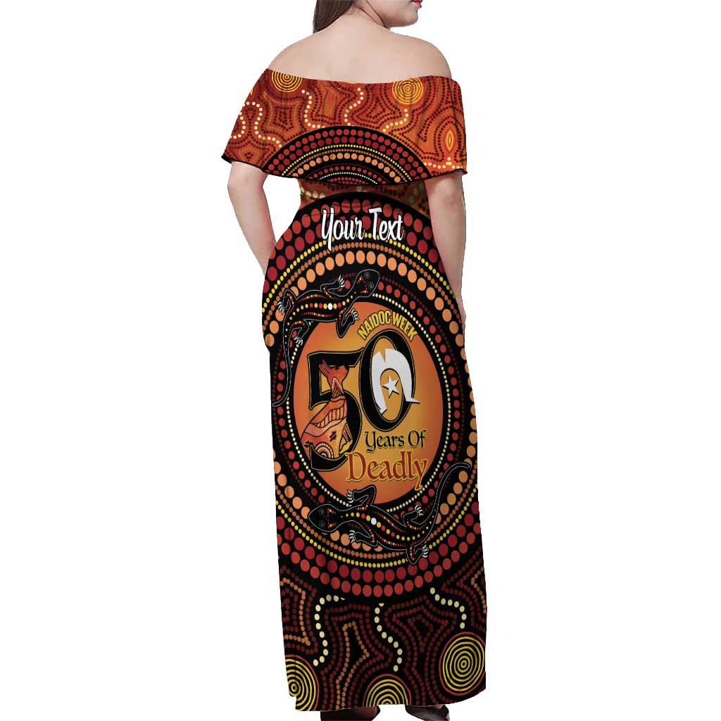 NAIDOC Week 2026 Personalised Off Shoulder Maxi Dress 50 Years of Deadly Lizard Kangaroo Aboriginal Art