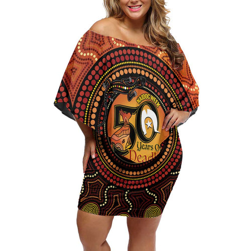 NAIDOC Week 2026 Personalised Off Shoulder Short Dress 50 Years of Deadly Lizard Kangaroo Aboriginal Art