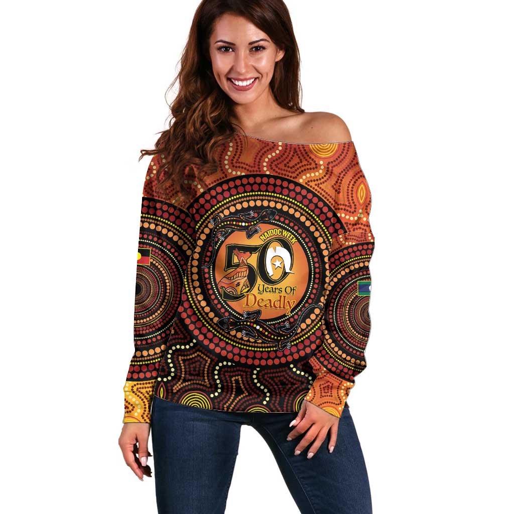 NAIDOC Week 2026 Personalised Off Shoulder Sweater 50 Years of Deadly Lizard Kangaroo Aboriginal Art