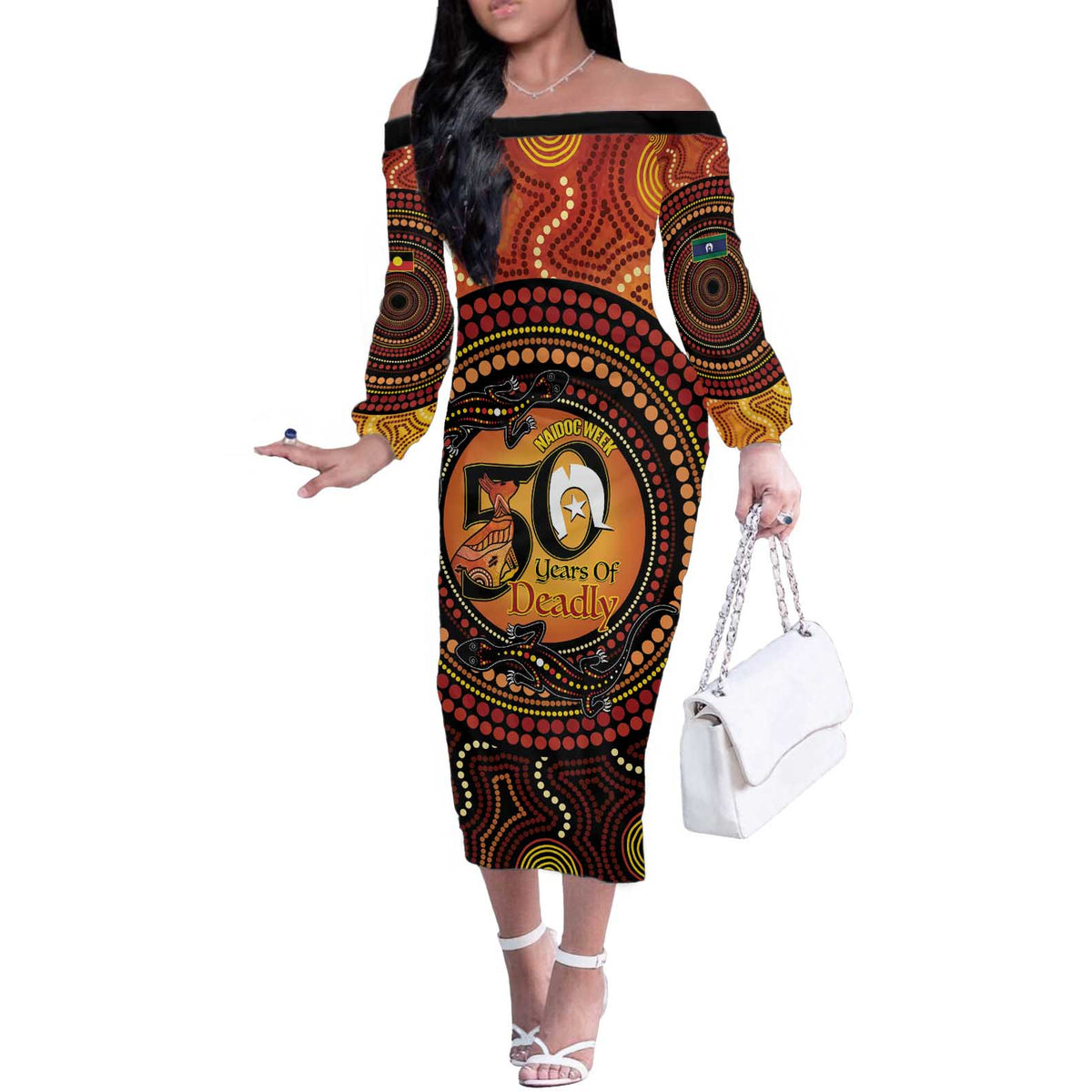 NAIDOC Week 2026 Personalised Off The Shoulder Long Sleeve Dress 50 Years of Deadly Lizard Kangaroo Aboriginal Art