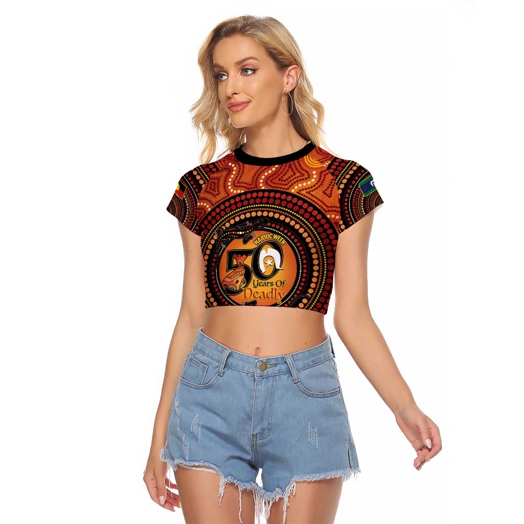 NAIDOC Week 2026 Personalised Raglan Cropped T Shirt 50 Years of Deadly Lizard Kangaroo Aboriginal Art